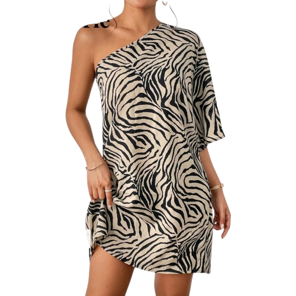 One-Shoulder Zebra Print Mini Dress - Black & Cream